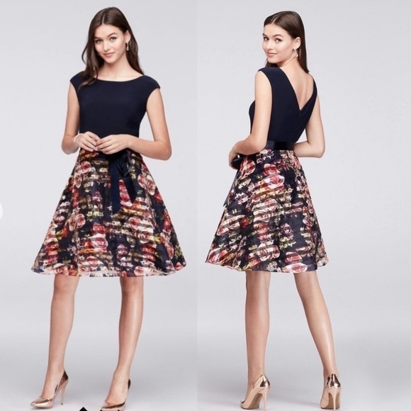 SLNY Navy Blue Floral Fit & Flare Dress Tulle Skirt Mesh Striped 14 Large - Picture 1 of 11